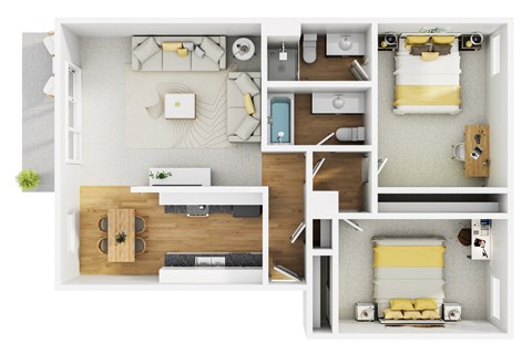 Floor plan for 2 beds, 2 baths, 1045 sqft